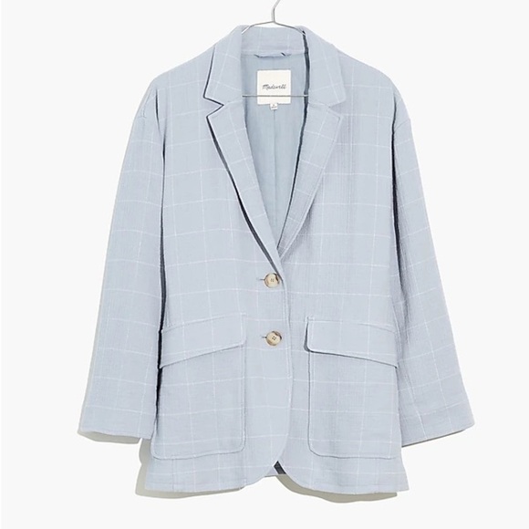 NWT Madewell Cotton-Linen Relaxed Larsen Blazer in Blue Windowpane - Picture 1 of 10